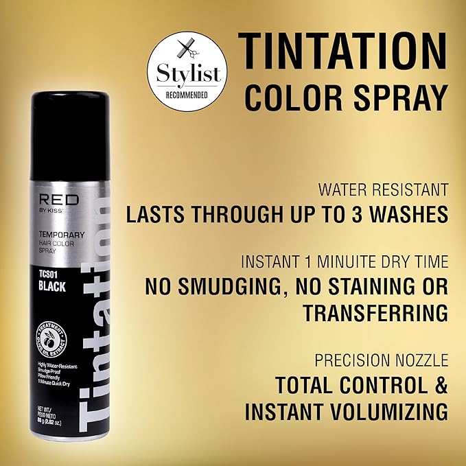 Red by Kiss Tintation Temporary Hair Color Spray, Instant Gray Root Touch Up Coverage, Water-Resistant & Smudge-Proof, Easy Wash Out, Barber & Hairline Touch-Up, Quick-Dry (Black, 2.82 oz)