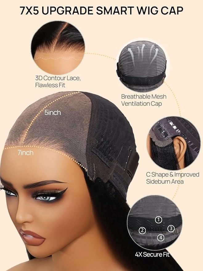 Julia Hair Chestnut Brown Ombre Yaki Straight 7x5 Pre Cut HD Lace Put On and Go Wig Bye Bye Knots Glueless Human Hair Wigs with Invisi Drawstring Pre Plucked Bleached Knots Beginner Friendly 22 Inch