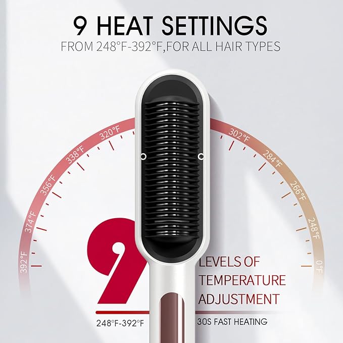 Hair Straightener Brush with Nano Titanium - 30s Fast Heat Ionic Straightening Comb, 9 Temp LED Display & Anti-Scald, Professional Styling Gift for Women