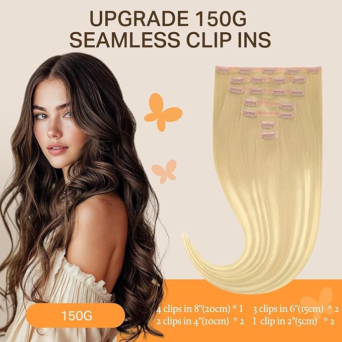 DOORES Seamless Clip in Human Hair Extensions - Dirty Blonde Mixed Platinum Blonde, 150g 7pcs 20 Inch, Remy Thick Straight Invisi Edge