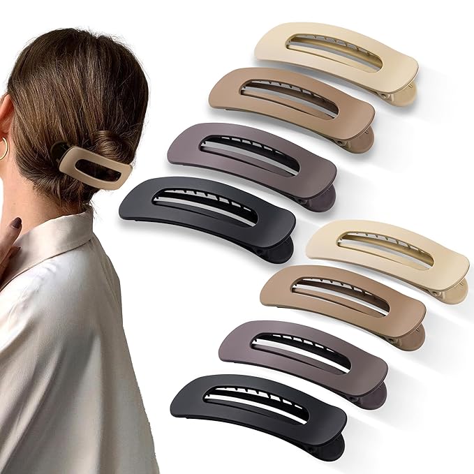 8 Pcs Large Lay Flat Claw Clips for Women French Side Slide Barrettes for Thin Fine Hair Rectangle Alligator Hair Accessories,Matte Coffee Khaki Brown Black