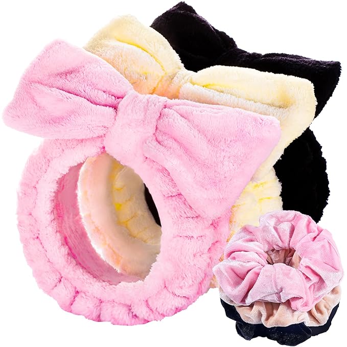 LEOBRO Spa Headband for Skin Care and Makeup, Women Teen Girls Hair Band Headbands for Washing Face, With Hair Scrunchies, Christmas Gifts for Teens (Pink & Creamy White & Black)