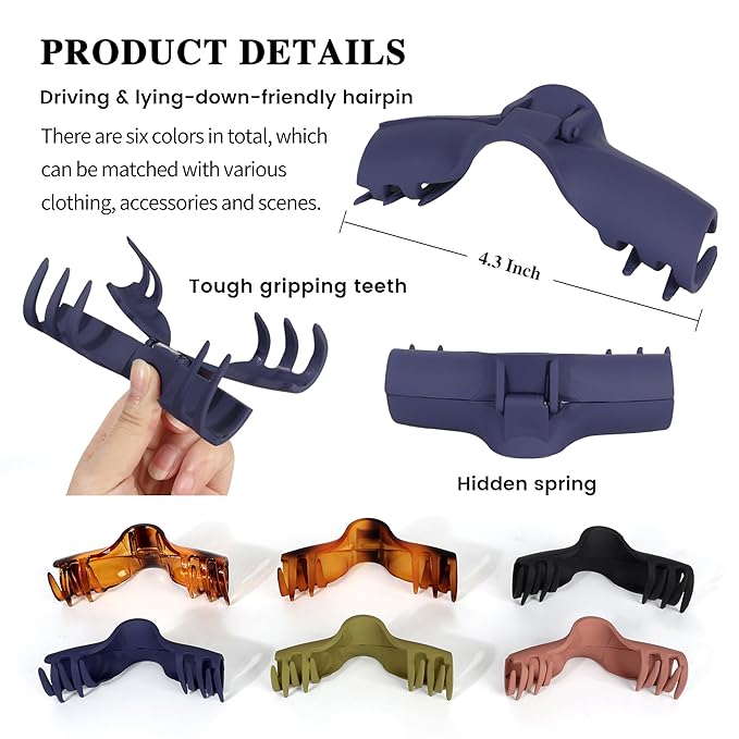 Hold Everything Hair Claw Clips for Thick & Thin Hair Strong Hold Big Banana Side Clip Hair Claw Barrettes for Women and Girl's Straight Wavy Curly (6-Color)
