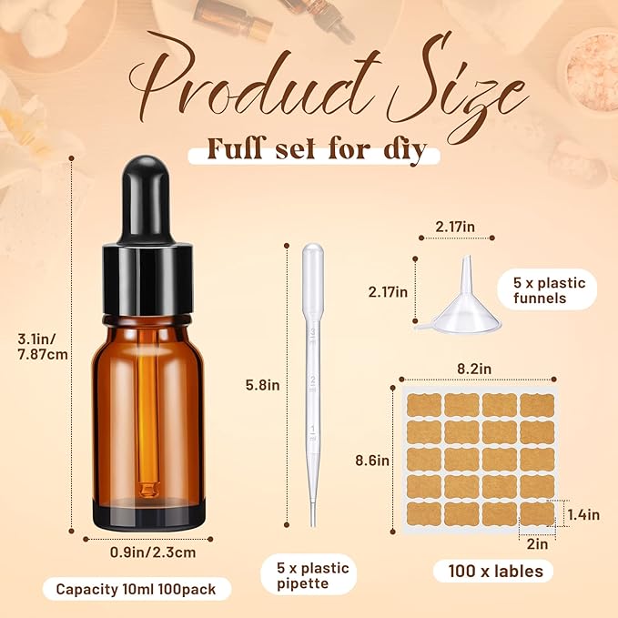 Lallisa 100 Pack Essential Oil Dropper Bottle 10 ml (1/3 Oz) Glass Dropper Bottles DIY for Diy essential Oil Perfume with 5 Funnels 5 Pipettes 3ml 100 Labels for Bathrooms, Hotels, Labs (Amber)