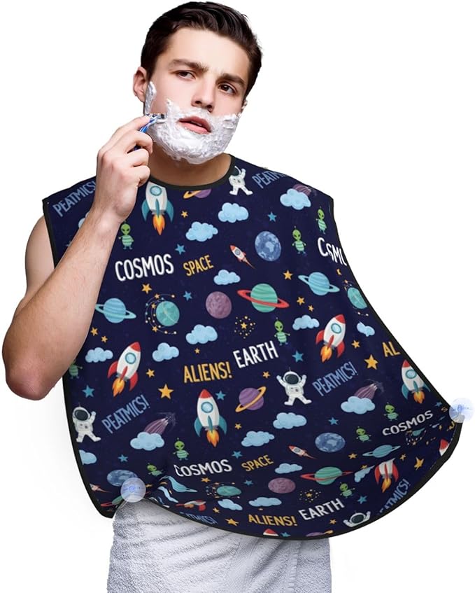 Beard Trimming Catcher Apron, Waterproof Non-Stick Grooming Bib for Shaving, Ideal for Men Dad Father’s Day, Cartoon Space Rockets Astronaunt Planets Stars Alien Art Shave Bib