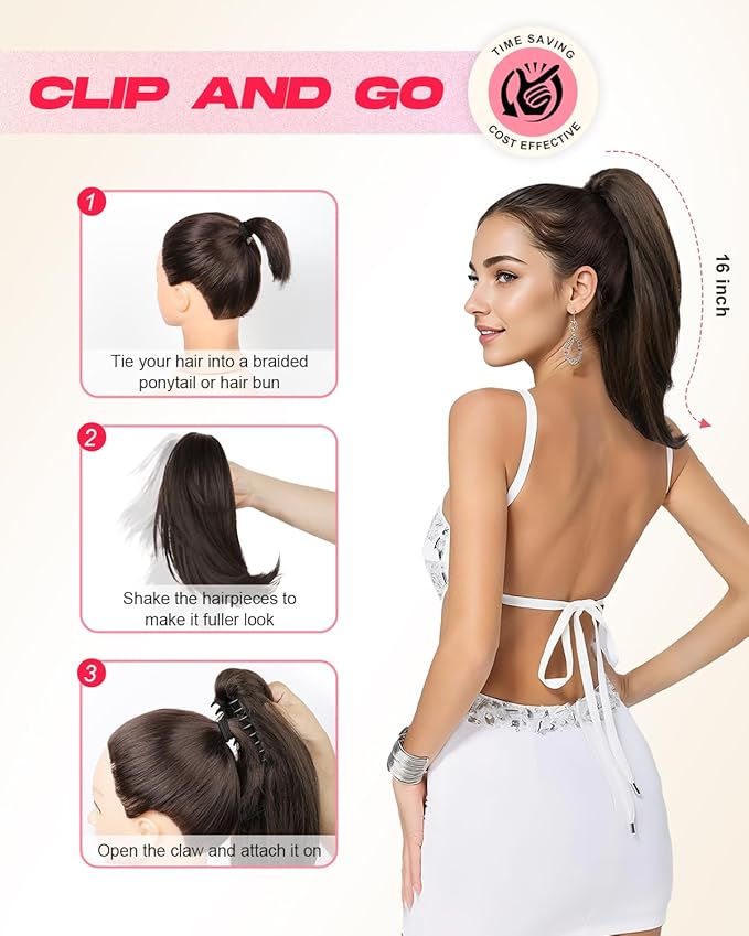 Ponytail Extension – 16” Claw Clip in Ponytail Hair Extensions Natural Soft Synthetic High Pony Tail Hairpieces for Women (Chestnut Brown with Highlights, 16 inch)