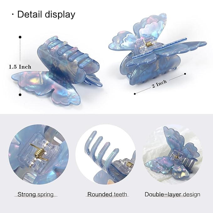 3 Packs Butterfly Hair Clips Acetate Tortoise Shell Non-Slip Jaw Clips 2.5inch, Beautiful Butterfly Hair Accessories for Girls and Women(Mixed color, White, Blue, Pink)