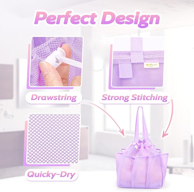 Mesh Shower Caddy Portable with Drawstring, Dorm Room Essentials for College Students Girl & Boy, Larger Shower Bag for Camping,Swimming,Gym,Travel,Bathroom - Purple