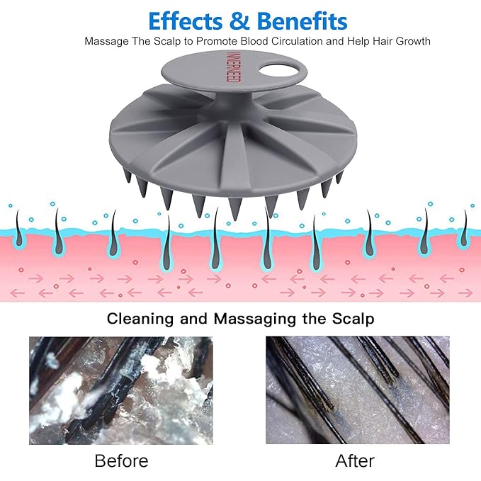 INNERNEED One-Piece Scalp Massager Shampoo Brush, Wet & Dry Scalp Care Head Scrubber Hair Washing, Soft Silicone Bristles, for Hair Growth, Dandruff Removal, Comfortable for All Hair Types (Gray)