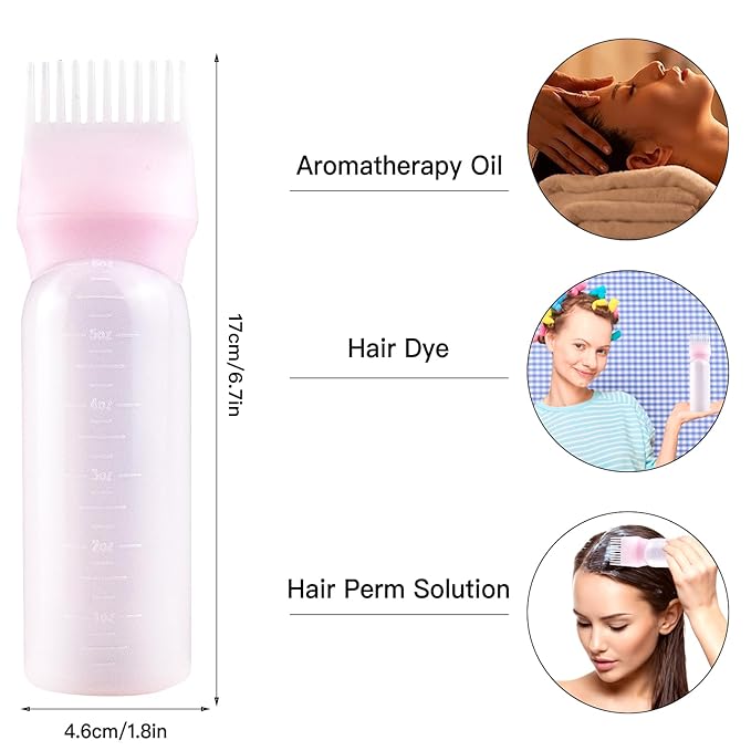 Root Comb Applicator Bottle, 6 Ounce, Hair Oiling Applicator with Graduated Scale (2 Pack+20 PCS Disposable Shower Caps, Pink)