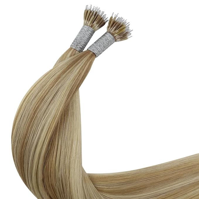 YoungSee Nano Ring Hair Extensions Blonde Nano Beads Hair Extensions Warm Ash Blonde Highlights Bleach Blond Nano-Ring Human Hair Extension 18Inch Nano-Tip Hair Extension 1g/s 50s 50g