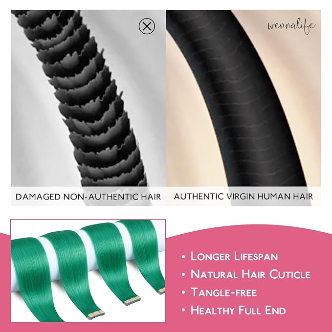 WENNALIFE Tape in Hair Extensions Human Hair Green Tape in Extensions, 10pcs 30g 22 inch Remy Invisible Tape Ins Straight Colored Soft Real Human Hair Tape in Extensions Refill Set Extensions