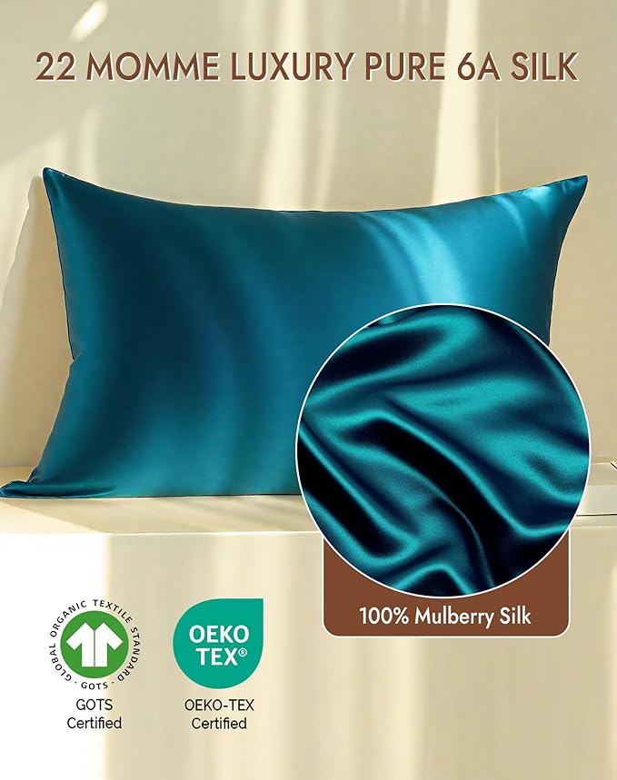 SilkSilky 100% Mulberry Silk Pillowcase - Pure 22 Momme High-Grade 6A Fibers for Hair & Skin, Envelope Closure, Natural, Organic, Breathable & Cooling Pillow Case (Standard, Teal)