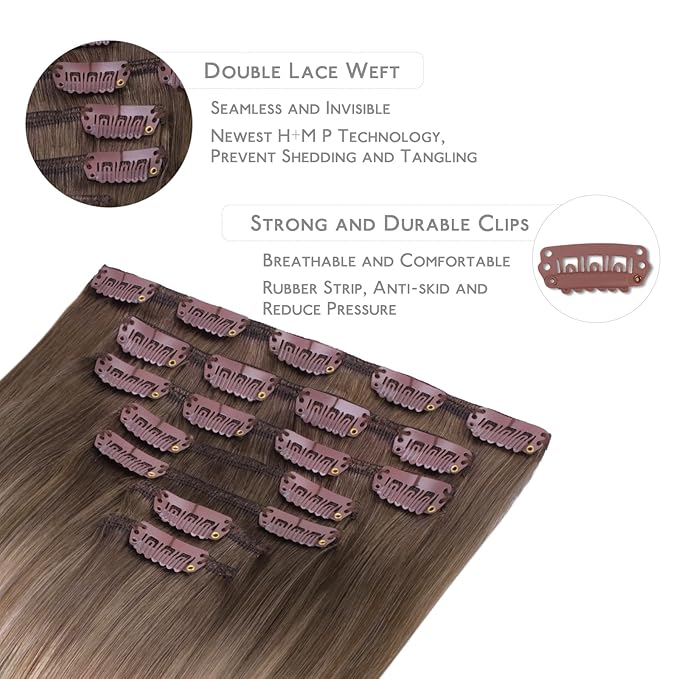 WENNALIFE Clip in Hair Extensions Real Human Hair, 14 Inch 120g 7pcs Balayage Sandy Brown to Platinum Blonde Remy Hair Natural Double Weft