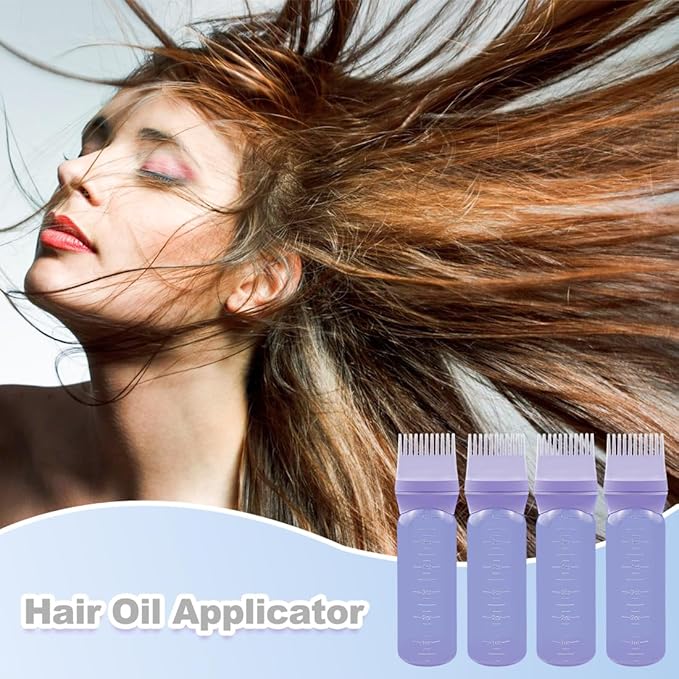 ELANE 4 Pcs Root Comb Applicator Bottle 6oz,Hair Oil Applicator Bottle for Hair,Oil Comb Applicator Hair Bottle Applicator for Hair Dye Shampoos Hair Salons Camping Traveling(Purple)