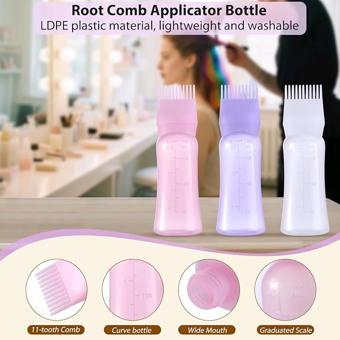 D Dymoece Root Comb Applicator Bottle 6 Ounce Hair Oil Applicator for Hair Dye, Hair Oiler Comb Bottle with Graduated Scale