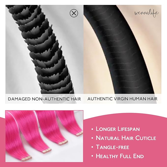 Wennalife Tape in Hair Extensions Human Hair Hot Pink Tape in Extensions, 10pcs 25g 14 inch Remy Invisible Tape Ins Straight Colored Soft Real Human Hair Tape in Extensions Refill Set Extensions
