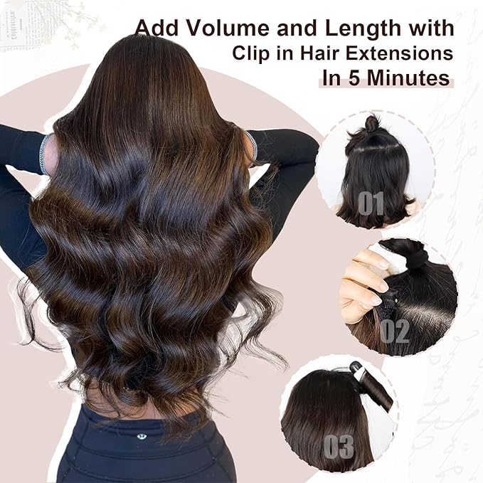 XDhair Clip in Hair Extensions 100g 6pcs 14 Inch Chocolate Brown to Caramel Blonde Real Human Hair Clip in Extensions Silky Straight for Women(14inch, #4/27/4)