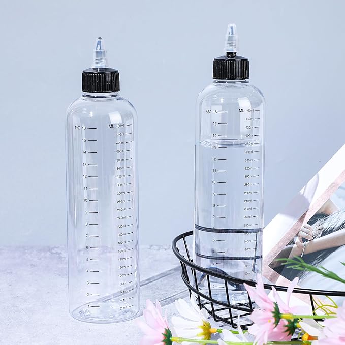 16.9oz Applicator Bottle for Hair, 2 PCS Twist-On Top Tip Cap Hair Color Bottle Applicator for Hairs with Graduated Scale, Clear Squeeze Bottles Plastic Hairs Dye Bottles, Hair-Oiling Container, 500ml