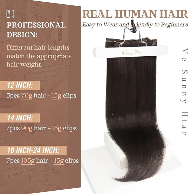 Ve Sunny Real Hair Extensions Clip in Human Hair Dark Brown Remy Hair Extensions for Women Human Hair Clip in Extensions Brazilian Hair Straight 20inch 120g 7pcs