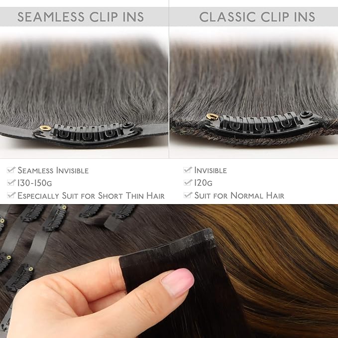 WENNALIFE Seamless Clip In Hair Extensions Human Hair, 12 Inch 80g 7pcs Balayage Dark Brown Mixed Chestnut Brown Real Hair Extensions Clip in Human Hair Invisible PU Skin Weft Natural
