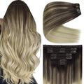 Ve Sunny Clip in Human Hair Extensions Balayage Clip in Hair Extensions Ombre Clip in Extensions Real Human Hair Dark Brown Ombre Dark Golden Blonde Balayage Light Blonde Short Hair 5pcs 80g 12inch