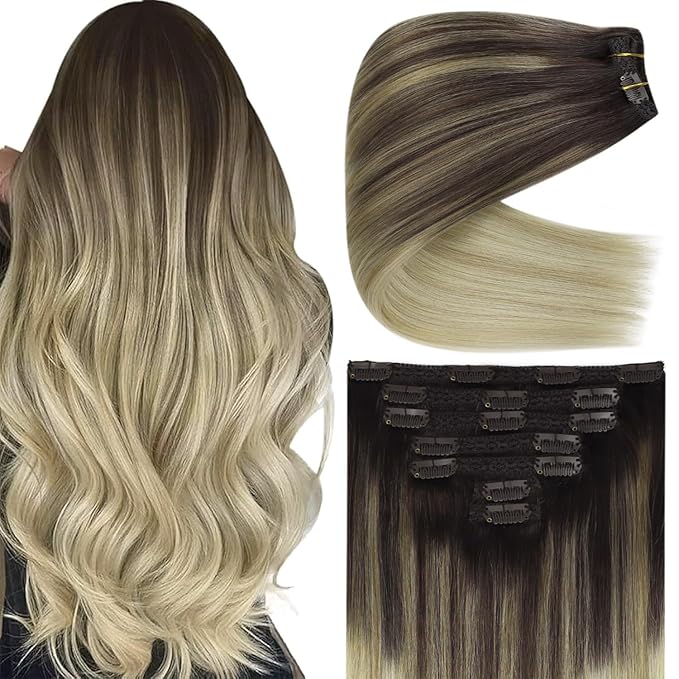 Ve Sunny Clip in Human Hair Extensions Balayage Clip in Hair Extensions Ombre Clip in Extensions Real Human Hair Dark Brown Ombre Dark Golden Blonde Balayage Light Blonde Short Hair 5pcs 80g 12inch