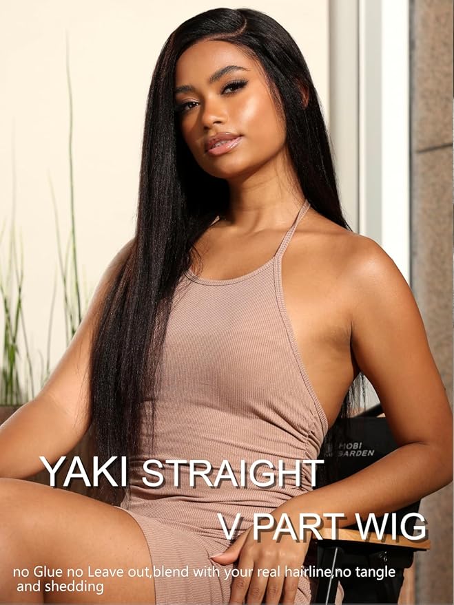 YIROO V Part Wig Yaki Straight Human Hair Wigs for Black Women Upgrade Upart Wig No Leave Out 12A Glueless Kinky Straight V Shape Clip in Half Wig No Glue No Sew Beginner Friendly 180% Density 22 Inch
