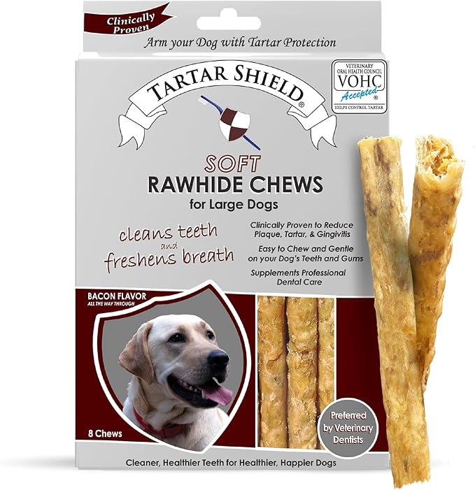 Tartar Shield Soft Rawhide Chews | Safe Dental Treats for Large Dogs | Vet VOHC Approved | Daily Bone Cleans Teeth & Gums Fresh Breath Oral Health Support | USA Made | (Large Dogs / 8 Count)
