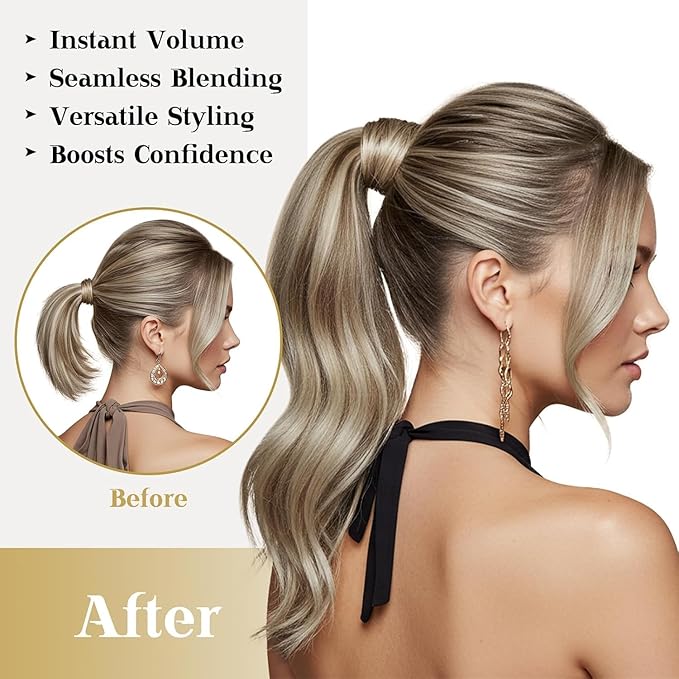 Ve Sunny Hair Extensions Ponytail Real Human Hair Wrap Around Clip in Ponytail Hair Extensions Straight Extensions Human Hair for Women Light Brown Highlights Platinum Blonde 16inch 80G