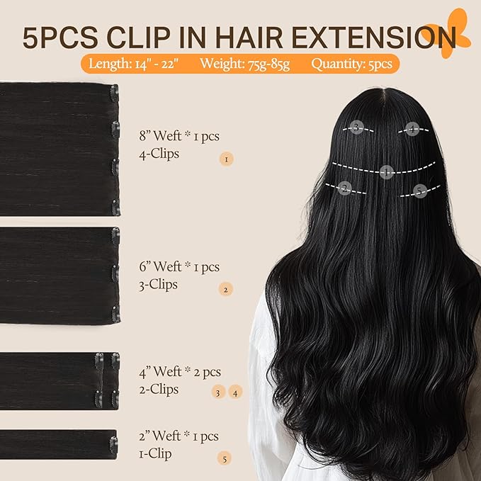 DOORES Hair Extensions Clip in Human Hair, 80g 5pcs Natural Black 20 Inch Clip in Human Hair Extensions Natural Hair Extensions Straight