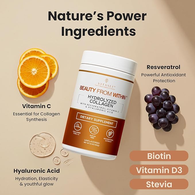 VITASEI Hydrolyzed Collagen Peptides Powder with Resveratrol & Vitamin C – Hair, Skin & Joint Support with Hyaluronic Acid – Colágeno Hidrolizado for Women & Men – Unflavored, 16 oz (30 Servings)