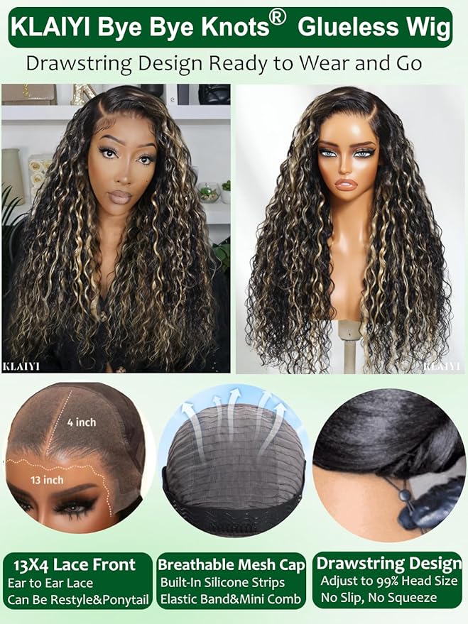 KLAIYI Ombre Highlight Blonde Water Wave Glueless Pre Everything 13x4 Lace Front Wigs Human Hair Drawstring Pre Plucked Pre Bleached Bye Bye Knots Curly Wig with Dark Roots Ready to Wear and Go 26Inch