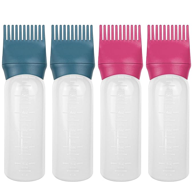 ELANE 4 Pcs Root Comb Applicator Bottle, 6oz, Hair Oil Applicator Bottle for Hair, Salon, Travel, Camping (Red+Green)