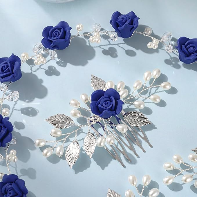 Wedding Hair Accessories Hair pieces Set Crystal bridal hair pins Rhinestone Pearl hair comb Brides and Bridesmaids, Girls, Women(（4PCS/SET BLUE)