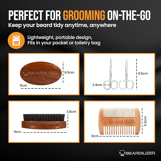 Beardilizer Beard Brush Kit, 100% Pure Boar Bristle Brush, Luxury Wood Comb & 2 Mustache Scissors, Professional Grooming & Care, Beard Accessories for Men