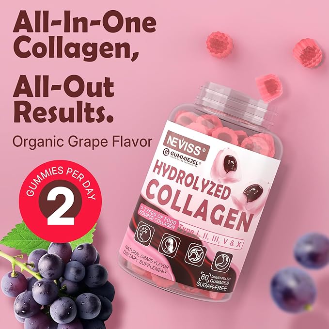 Hydrolyzed Collagen Peptides Gummies for Women & Men, Multi Collagen Type I,II,III,V,X w/ 5000IU Vitamin D3 & Biotin Keratin Hair Vitamin Gummies, Marine Collagen Supplement Gummy - Sugar Free, 60ct