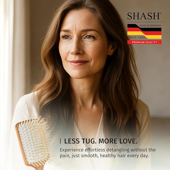 Made in Germany - SHASH Paddle Hair Brush for Hair Extensions, Thick And Curly Hair - Detangler With Long Pins & Rubber Cushion - Helps Detangle Knots, Eliminate Frizz, Reduce Pulling & Snagging