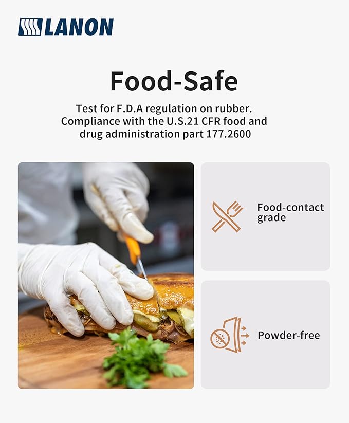 LANON Food Safe White Disposable Nitrile Gloves, Latex-Free, Powder-Free, Textured Fingertips, Cooking, Cleaning, Case, Medium