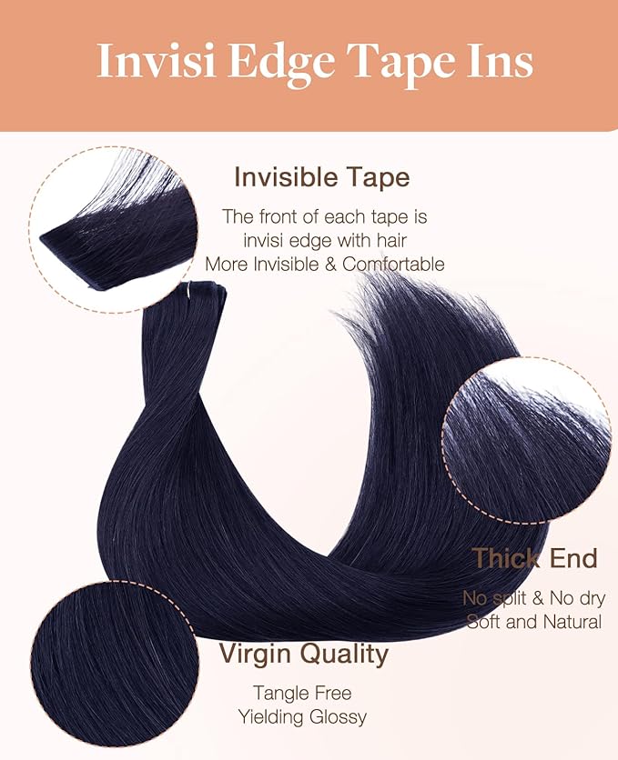 GOO GOO Invisi Edge Tape in Hair Extensions Human Hair, 1G Midnight Black, 20pcs 18inch 50g, Virgin Remy Hair, Seamless Injected Tape, Natural Look