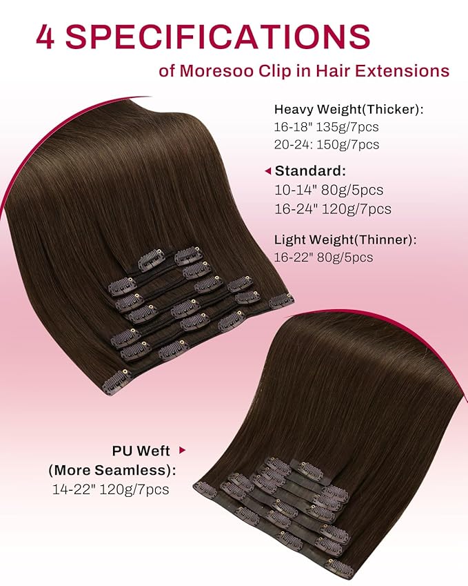Moresoo Medium Brown Clip in Hair Extension Double Weft Real Hair Extensions Clip in Human Hair Brown Full Head Set #4 7pcs 120G 20 Inch