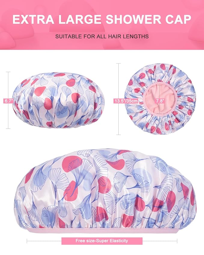 Auban Shower Cap, Shower Cap for Women Terry Cloth Lined EVA Exterior Reusable Double Layer Waterproof, Large Bath Hair Cap, Hotel Travel Essentials Accessories Cleaning Supplies (Flower)