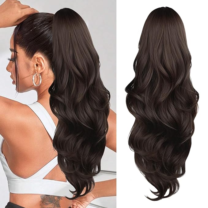 Ponytail Extension, 26 Inch Drawstring Ponytail Extension for Women Long Wavy Pony Tails Hair Extensions Synthetic Clip in Ponytail Hairpiece for Women(Brown)