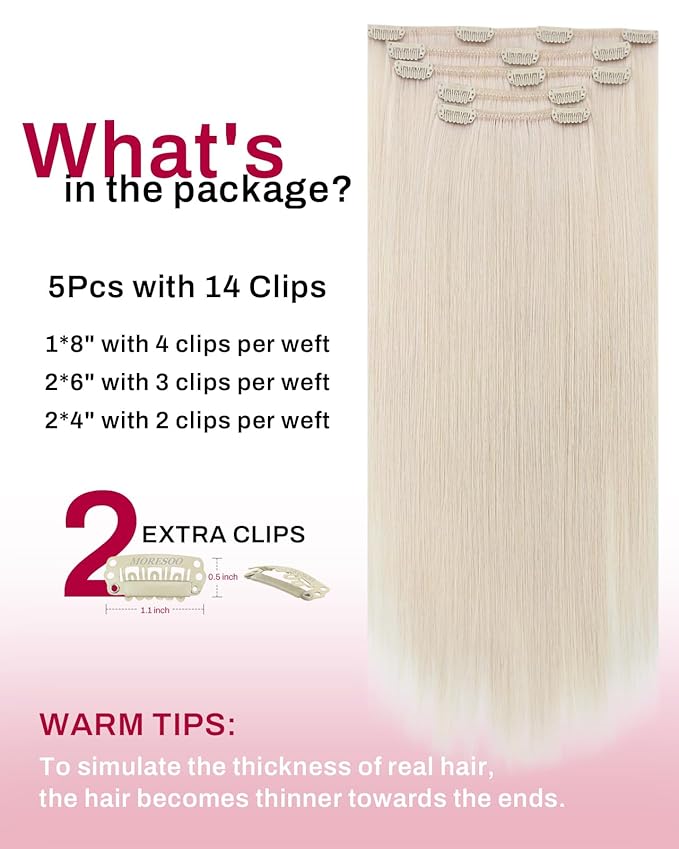 Moresoo White Blonde Human Hair Clip in Extensions Invisible Double Weft Clip in Human Hair Extensions Blonde Long And Straight Remy 80g/5pcs 18 inch