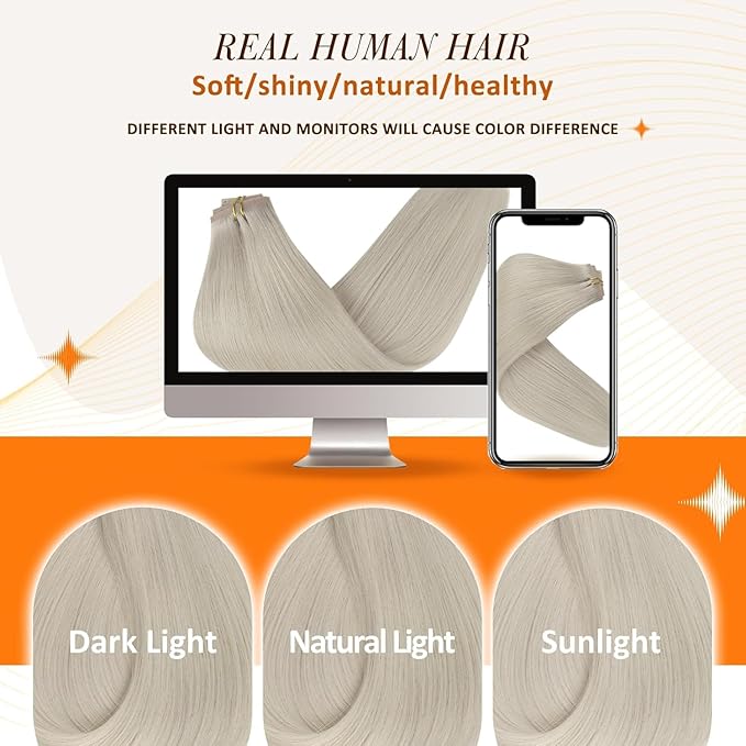 Full Shine Seamless Hair Extensions Clip in White Blonde Extensions Clip in Straight Real Human Hair for Women with PU Weft Full Head 16 Inch 120 G 8 PCS