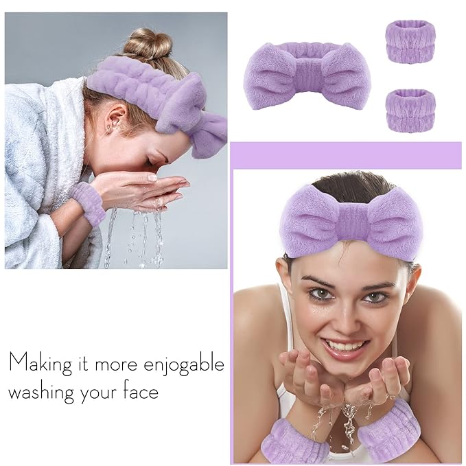 WSYUB Spa headband, Wristbands, Headband for Washing Face, 2pcs Wristlets for Sleeves Dry, Make up Headband,Purple