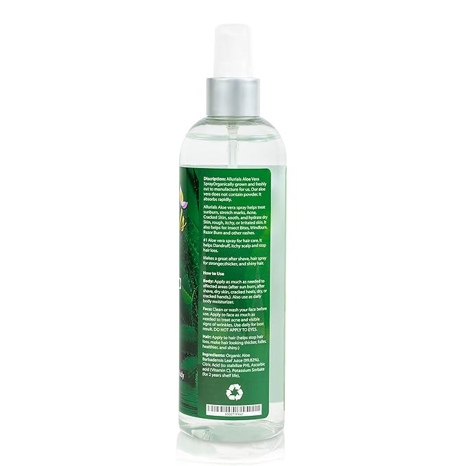 Allurials 99.75% Pure & Organic Aloe Vera Spray, Clinically tested & Dermatologist approved, Hydrates & Heals Dry & Damaged Skin & Hair- 12 Oz