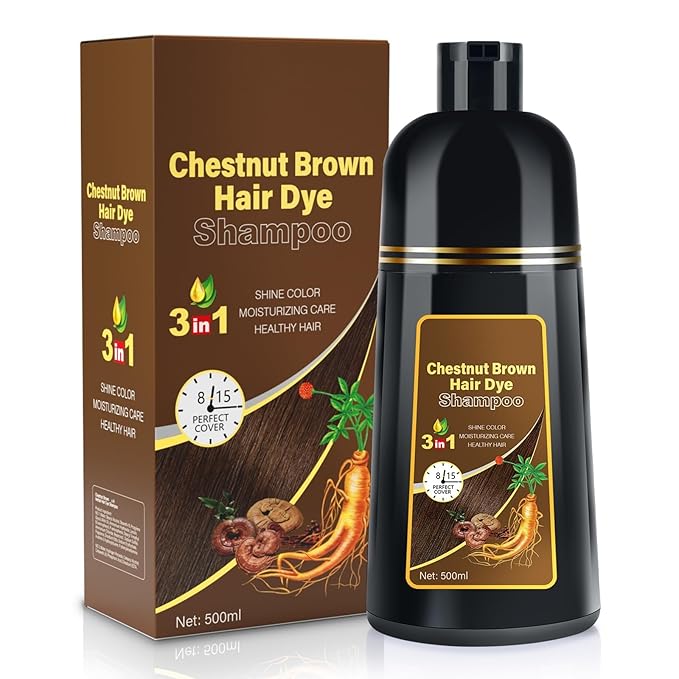 JUANCHI Chestnut Brown Hair Dye Shampoo 3 in1, Chestnut Brown Shampoo Hair Dye for Gray Coverage, Natural Hair Color for Women Men, Herbal Formula, Ammonia-free, Lasts 30 Days, 500ml (16.90 oz)