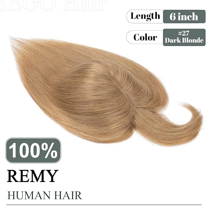 SEGO Hair Toppers for Women Real Human Hair with Thinning Hair, Toppers Hair Pieces Clip in Toppers Straight Hair Pieces with Front Bangs 150% Density Silk Base -6 Inch #27 Dark Blonde