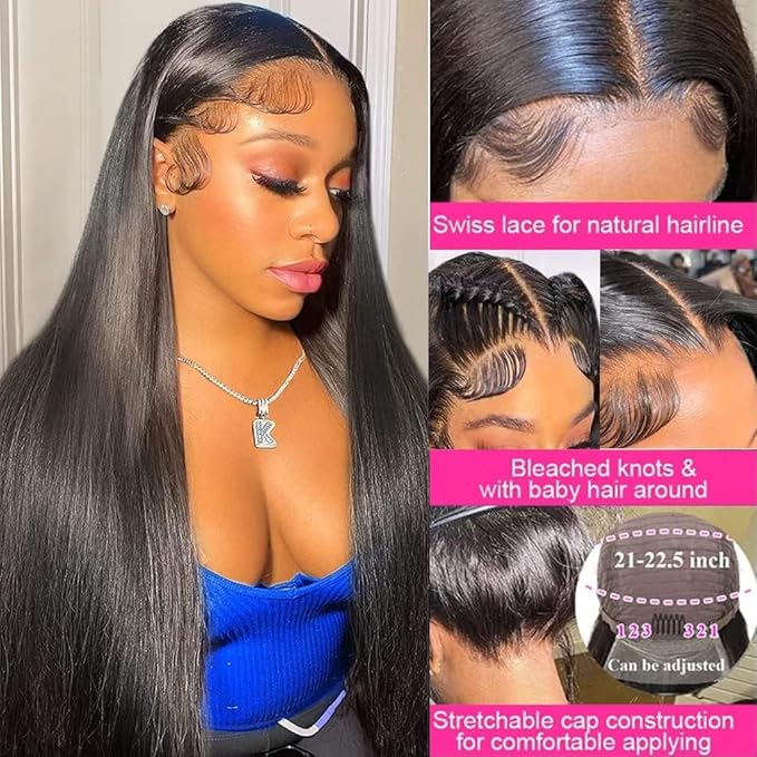 34 Inch13x6 Straight Lace Front Wigs Human Hair HD Transparent Lace Frontal Human Hair Wigs for Women Glueless Wigs Human Hair Pre Plucked Natural Color